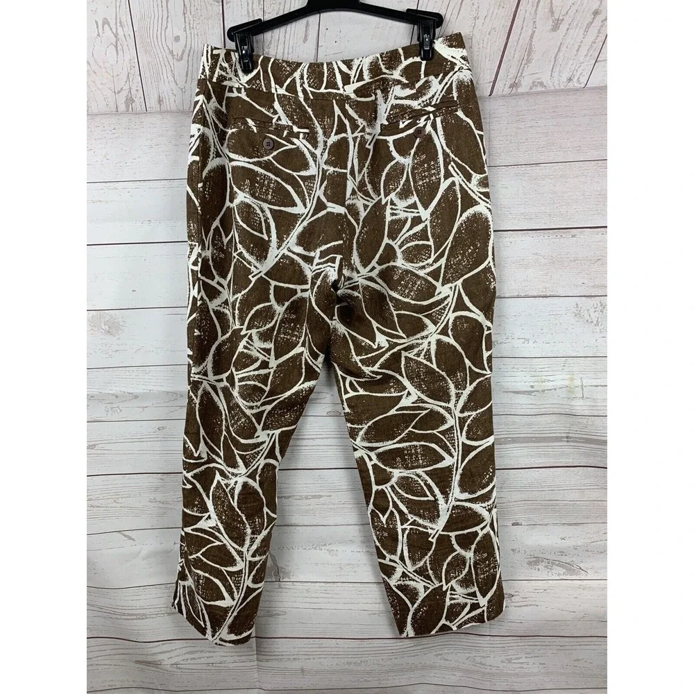 Rafaella Pants Womens 6 Brown White 100% Linen Leaf Print Straight Leg Trousers‎